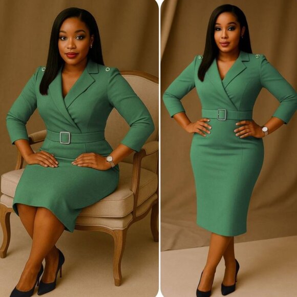 Women Belted V-Neck Sheath Midi Dress in Green, Black & Blue- S, M , L, XL - Picture 2 of 3